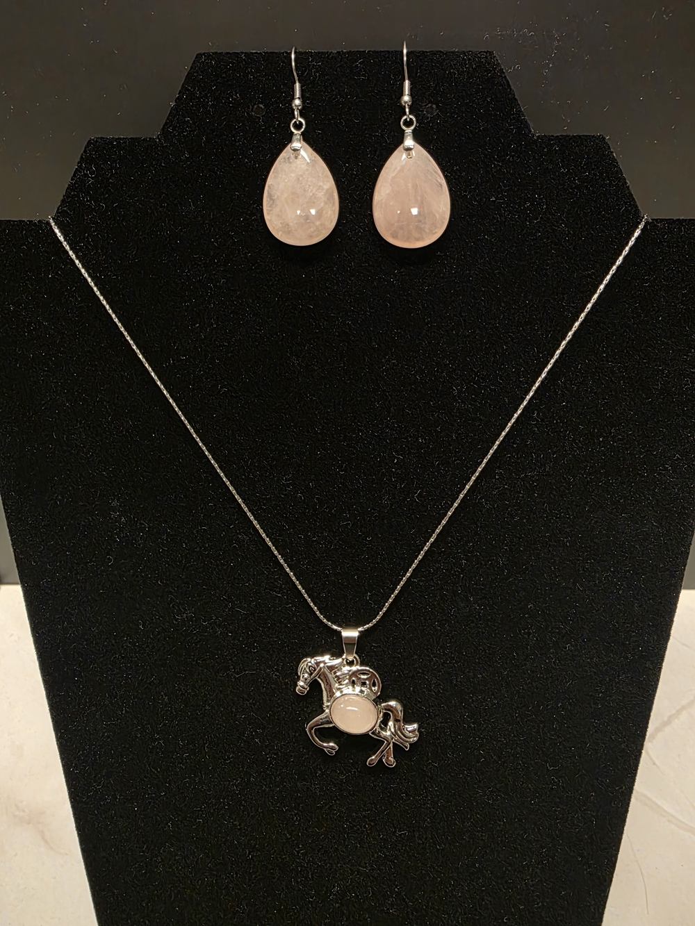 Silver Toned Horse Pendant Necklace with Rose Quartz Teardrop Earrings